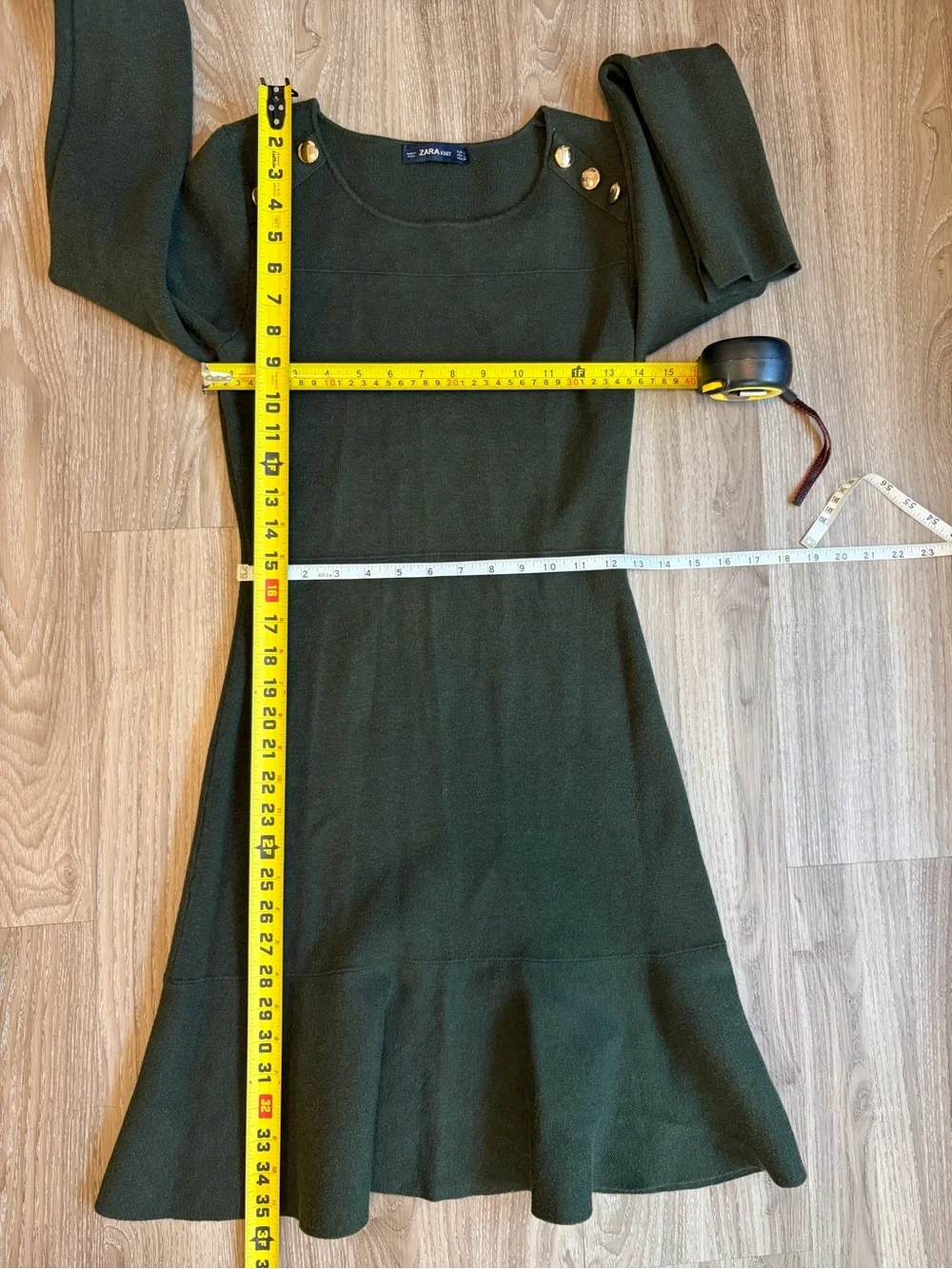 Zara Knit Dark Green Long Sleeve Dress with Gold Buttons Size L - Picture 12 of 12